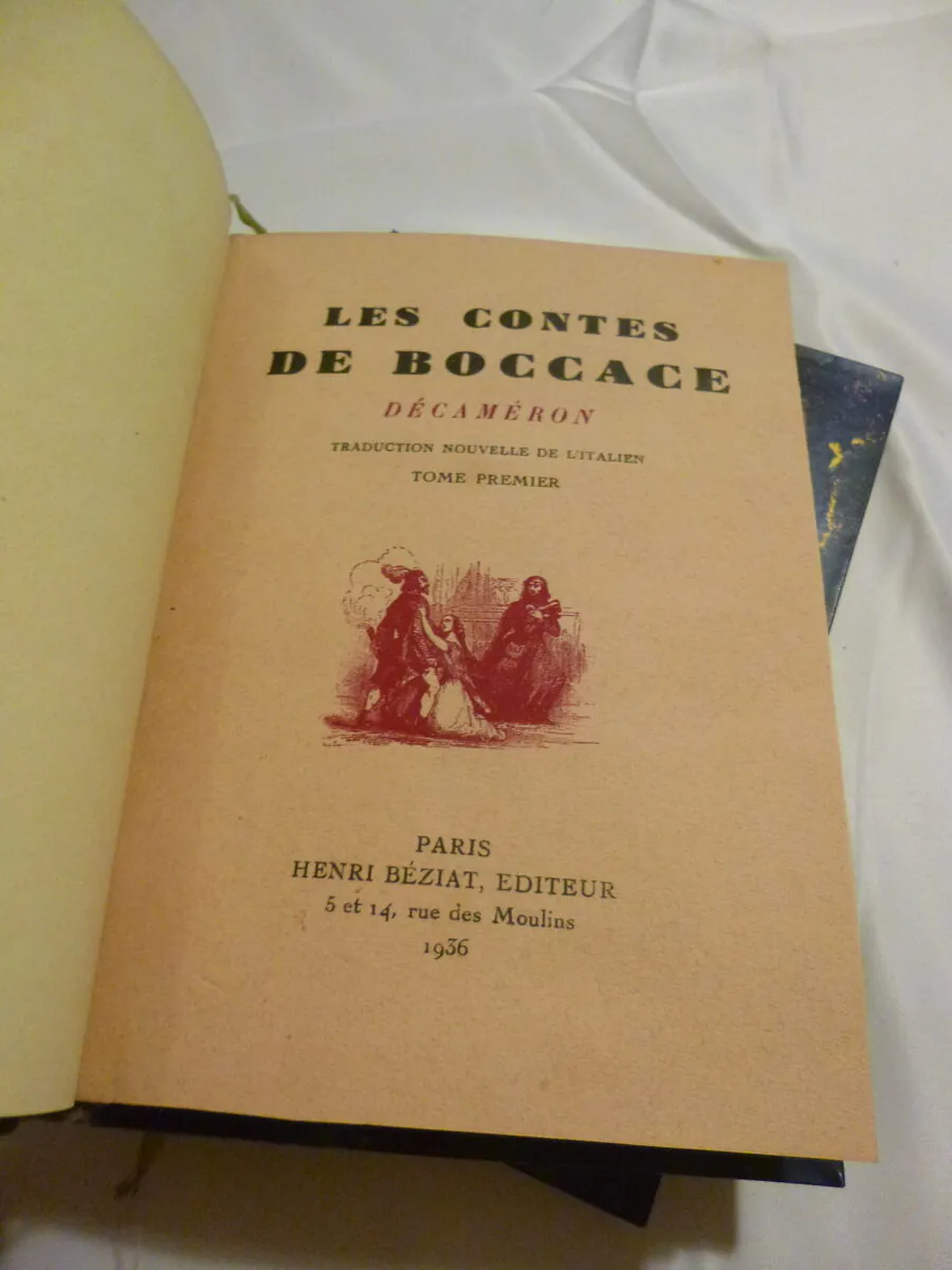 Prestigieux Exemplaire Numéroté des Contes de Boccace 1936 (Décaméron) – 2 Vol. sur Vélin – Reliure Demi-Cuir – Image 2