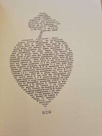 L’anthropophage, Charles Maurras, Editions Lapina, 1930, portrait de l’auteur par Édouard Chimot, illustrations de Wassily SCHOUKHAEFF, édition originale, un des exemplaires numérotés sur vergé de Rives BFK, première édition