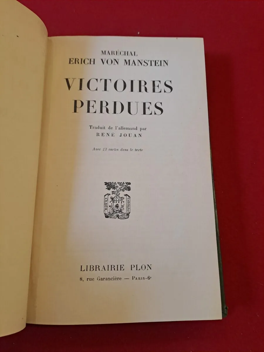 Page de titre du livre Victoires perdues du Maréchal Erich von Manstein edition Plon 1958