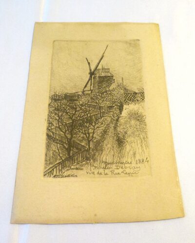 Moulin Debray, vue de la rue Lepic, Montmartre 1884, eau-forte originale d’Eugène Delâtre