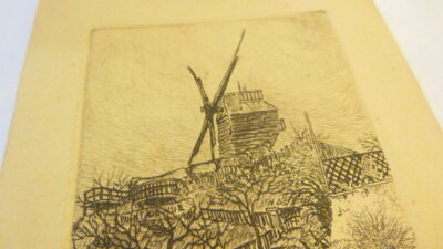 Moulin Debray, vue de la rue Lepic, Montmartre 1884, eau-forte originale d’Eugène Delâtre