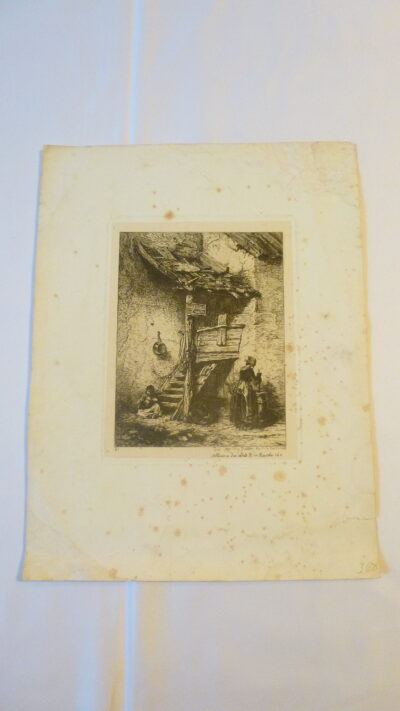 L’escalier, ou, Femme battant du beurre dans une baratte au pied d’un escalier, eau-forte de Charles Jacques, édition originale de 1845 de l’Alliance des Arts par l’imprimerie Delâtre Frères à Paris