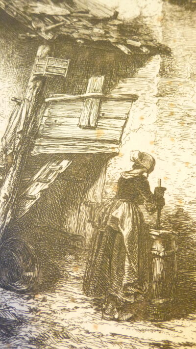 L’escalier, ou, Femme battant du beurre dans une baratte au pied d’un escalier, eau-forte de Charles Jacques, édition originale de 1845 de l’Alliance des Arts par l’imprimerie Delâtre Frères à Paris