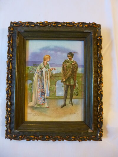 Framed Victorian tile, depicting a transfer printed scene from William Shakespeare, Hamlet and Ophelia, signed J. H. Bacon, from John Henry Frederick Bacon famous British painter and illustrator