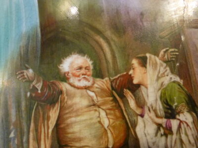 Framed Victorian tile, depicting a transfer printed scene from William Shakespeare, Falstaff and Mrs Ford, signed H. M. Paget, from Henry Marriott Paget famous British painter and illustrator