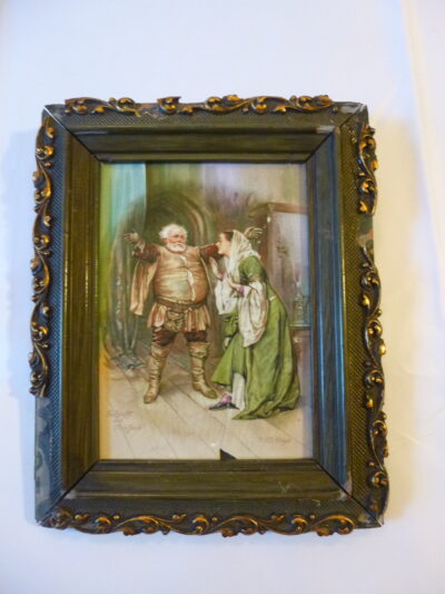 Framed Victorian tile, depicting a transfer printed scene from William Shakespeare, Falstaff and Mrs Ford, signed H. M. Paget, from Henry Marriott Paget famous British painter and illustrator