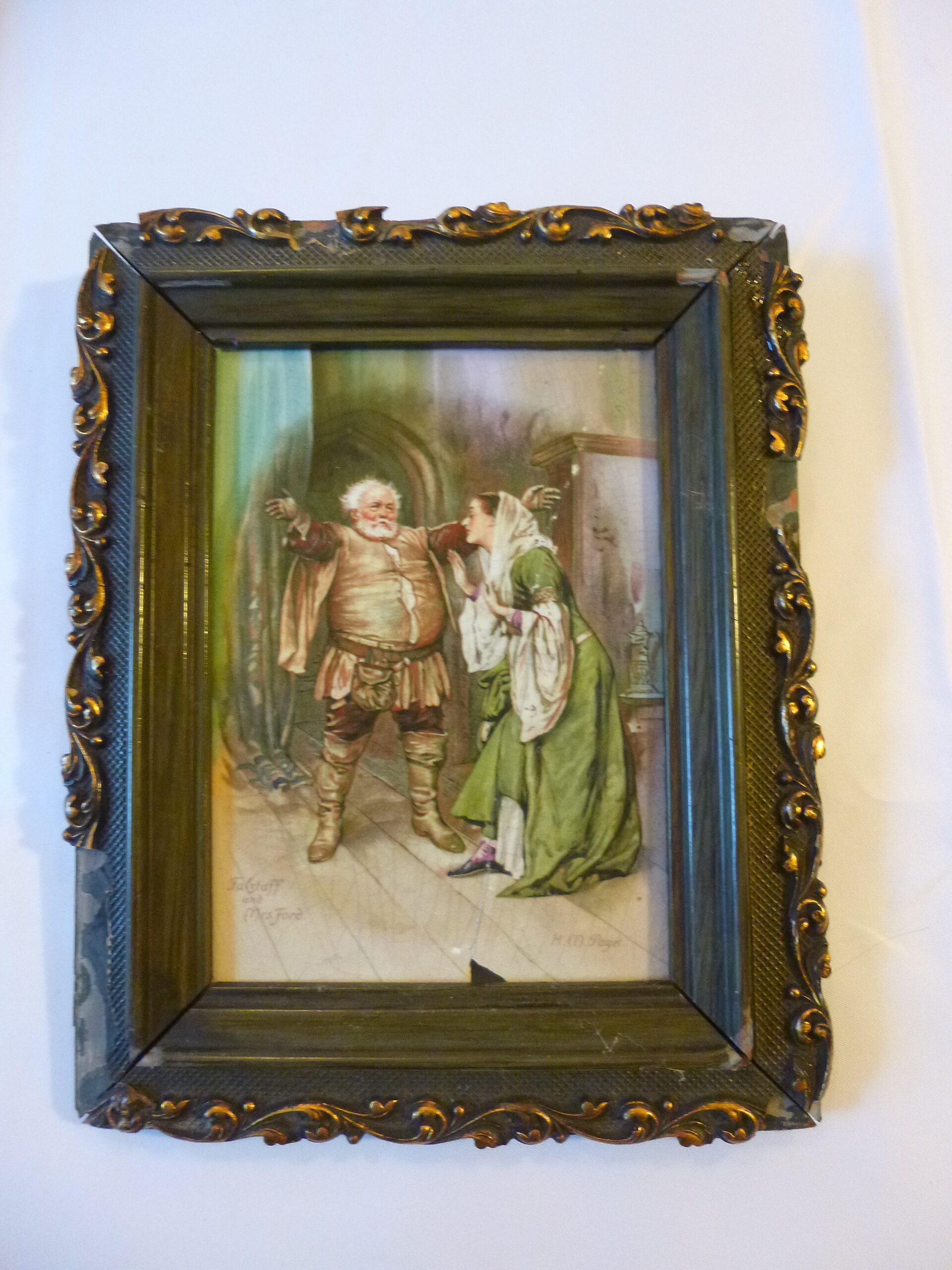 Framed Victorian tile, depicting a transfer printed scene from William Shakespeare, Falstaff and Mrs Ford, signed H. M. Paget, from Henry Marriott Paget famous British painter and illustrator – Image 2