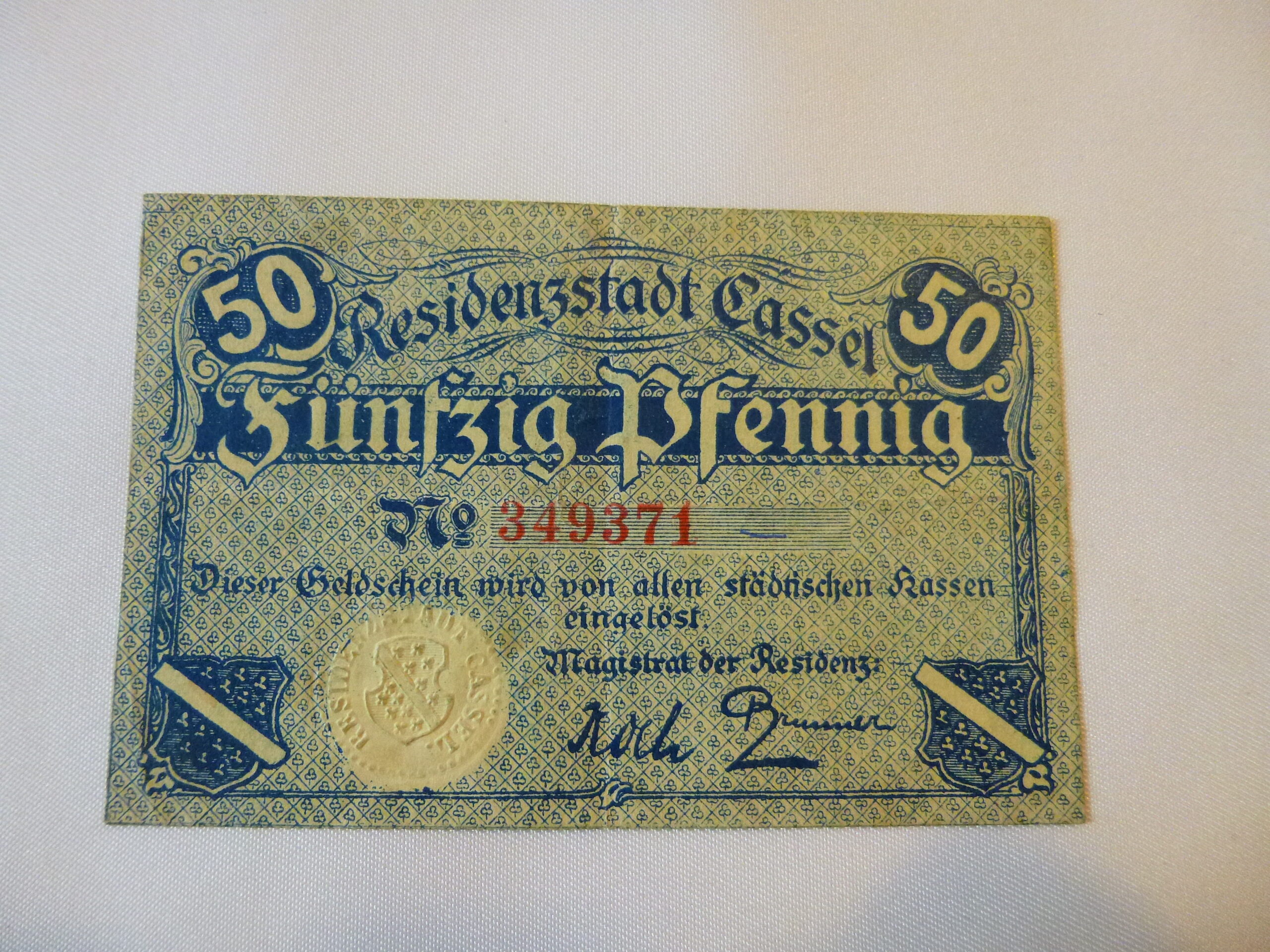 Billet de nécessité (notgeld) allemand de 50 pfennigs émis par la ville de Kassel (Cassel) au début des années 1920, durant la république de Weimar