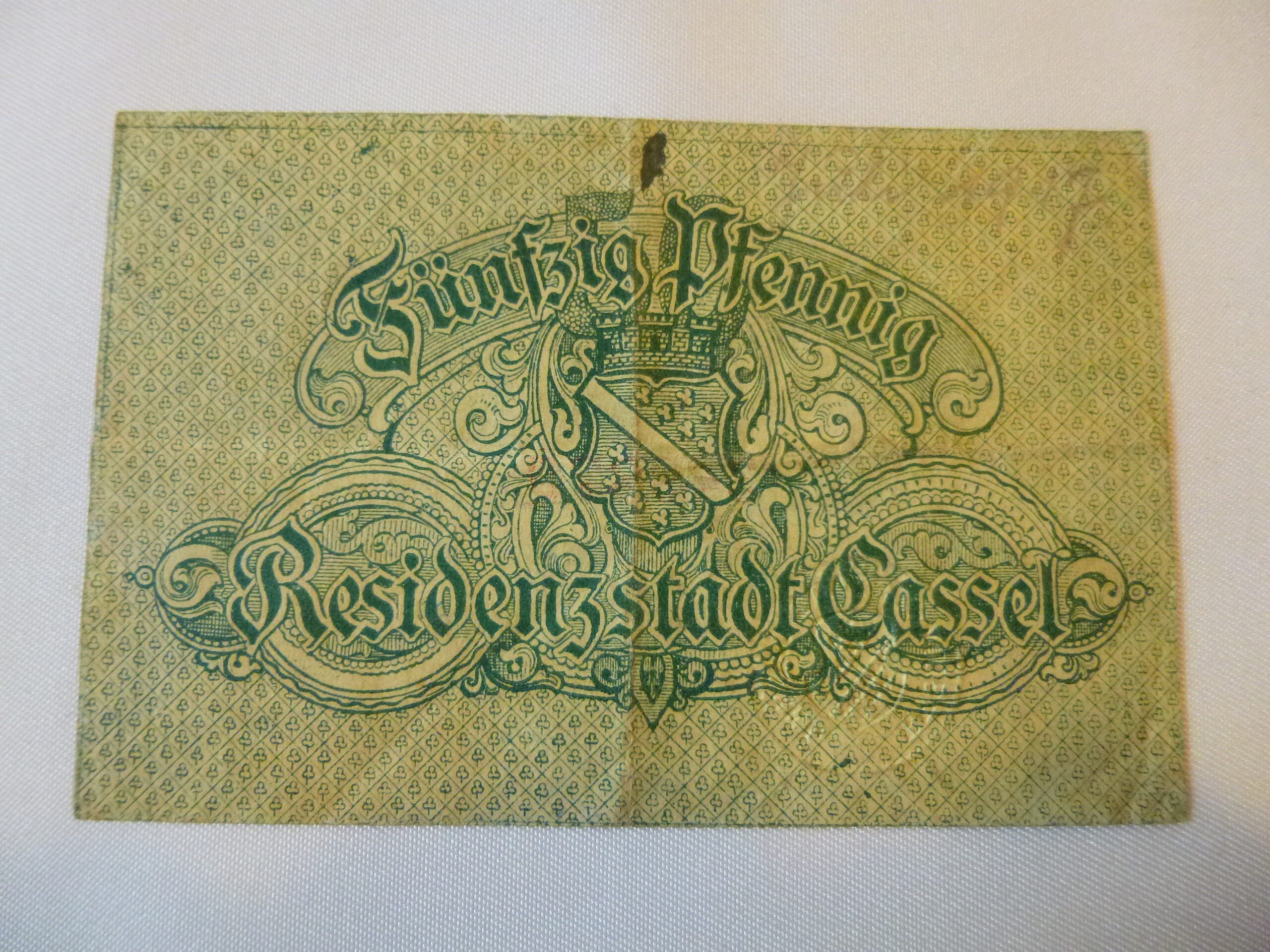 Billet de nécessité (notgeld) allemand de 50 pfennigs émis par la ville de Kassel (Cassel) au début des années 1920, durant la république de Weimar – Image 2