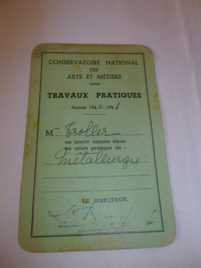 Rare carte nominative CNAM 1940 “Métallurgie”, Travaux Pratiques avec 4 vignettes S. Sauvage del. & Sauvigny sc.