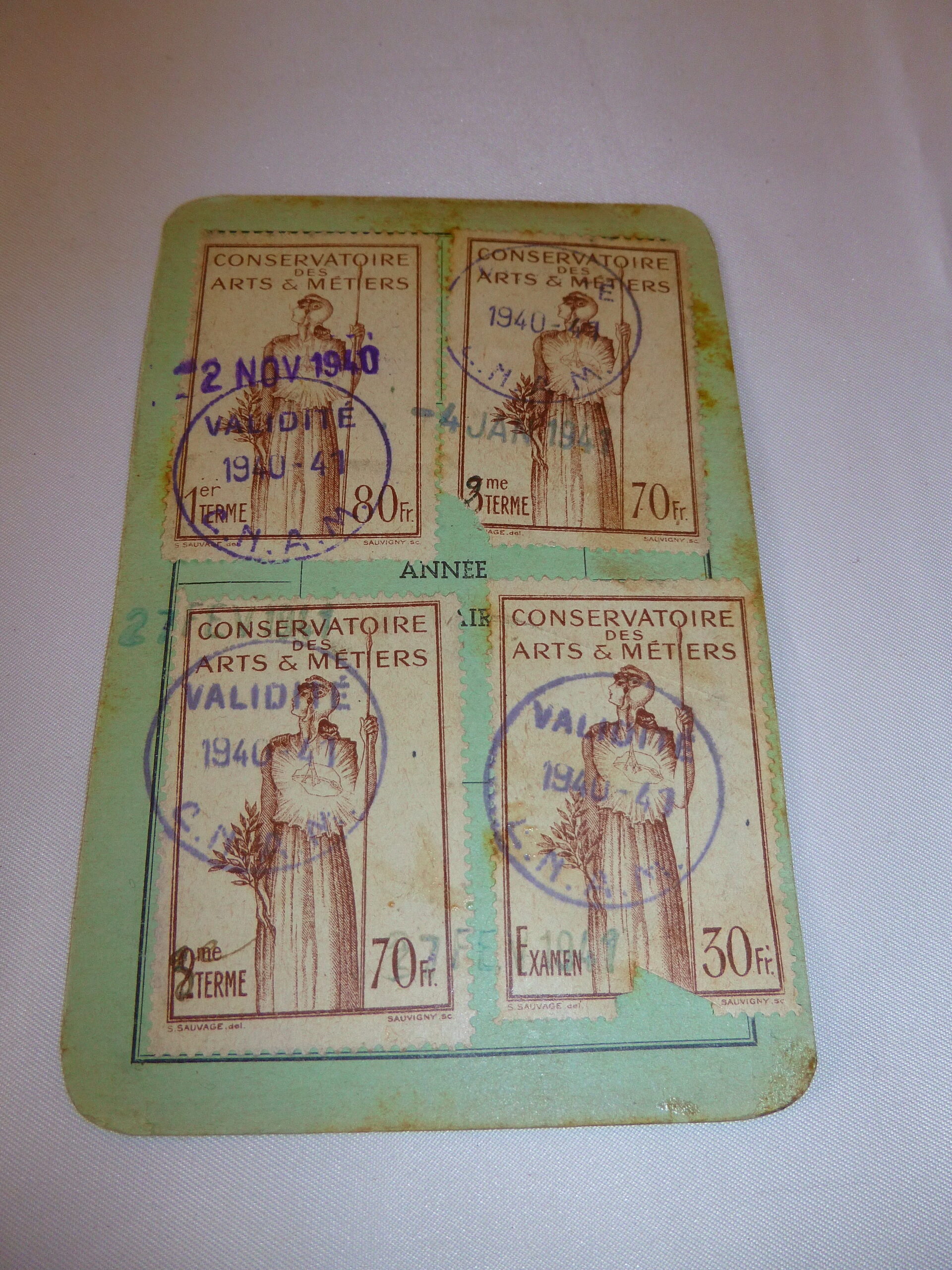 Rare carte nominative CNAM 1940 "Métallurgie", Travaux Pratiques avec 4 vignettes S. Sauvage del. & Sauvigny sc.