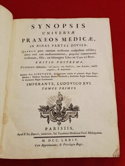 Livre Ancien Médecine 1774 – LIEUTAUD Synopsis Universae Praxeos Medicae T.1