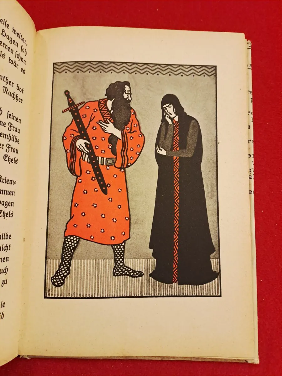 Livre Ancien "Die Nibelungen" (1924) – Édition Originale de Vienne – Illustré par Otto Schubert – Rare Variante avec Tampon Éditeur + Protège-livre Historique TSF (1938)